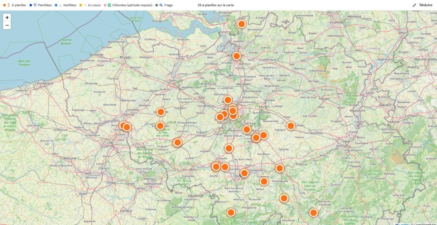 Carte de la Belgique et des régions voisines : chaque intervention à planifier y est marquée d'un point orange.