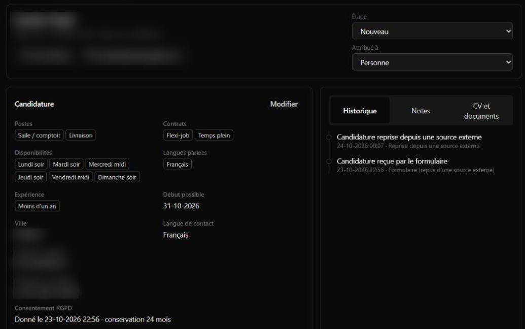 Fiche d'un candidat de test : postes, contrats, disponibilités, expérience, date de début possible, consentement RGPD avec durée de conservation, étape et historique.