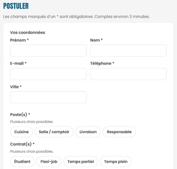 Formulaire de candidature : coordonnées, choix des postes (cuisine, salle et comptoir, livraison, responsable) et des contrats (étudiant, flexi-job, temps partiel, temps plein).