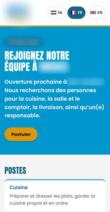Page publique de candidature sur téléphone : choix de la langue NL, FR ou EN, annonce de l'ouverture, bouton Postuler et liste des postes.