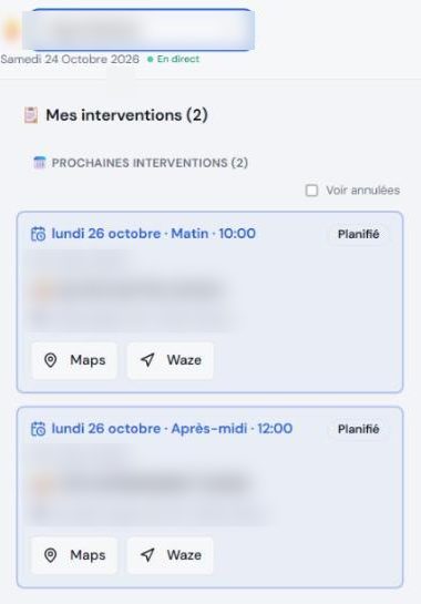 Vue du technicien sur téléphone : ses prochaines interventions, avec boutons d'itinéraire Maps et Waze.