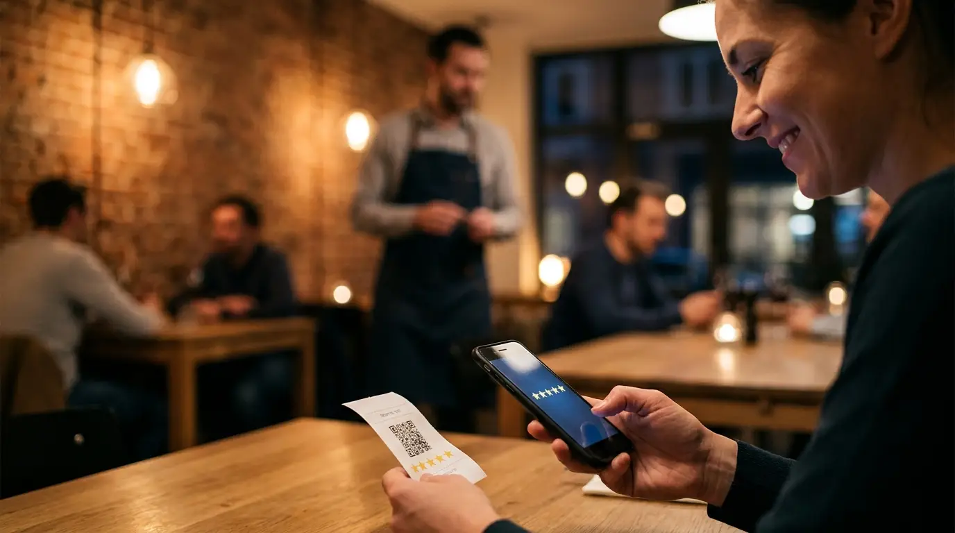 Client scannant un QR code pour laisser un avis Google dans un restaurant belge