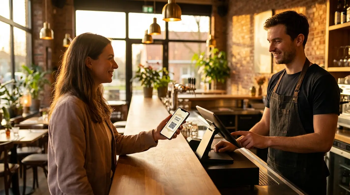 Client offrant une carte cadeau digitale sur smartphone dans un restaurant belge chaleureux