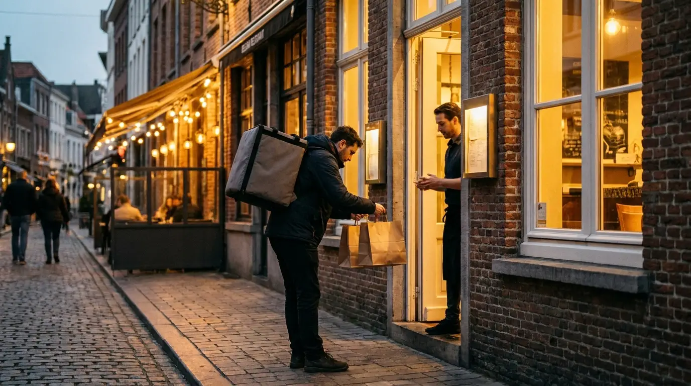 Livreur récupérant des commandes à emporter devant un restaurant