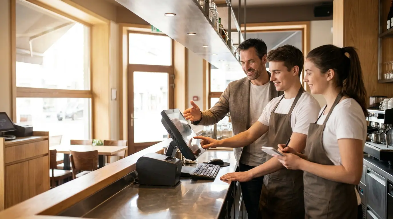 Équipe de restaurant belge formée à l'utilisation d'une nouvelle caisse tactile pendant le service
