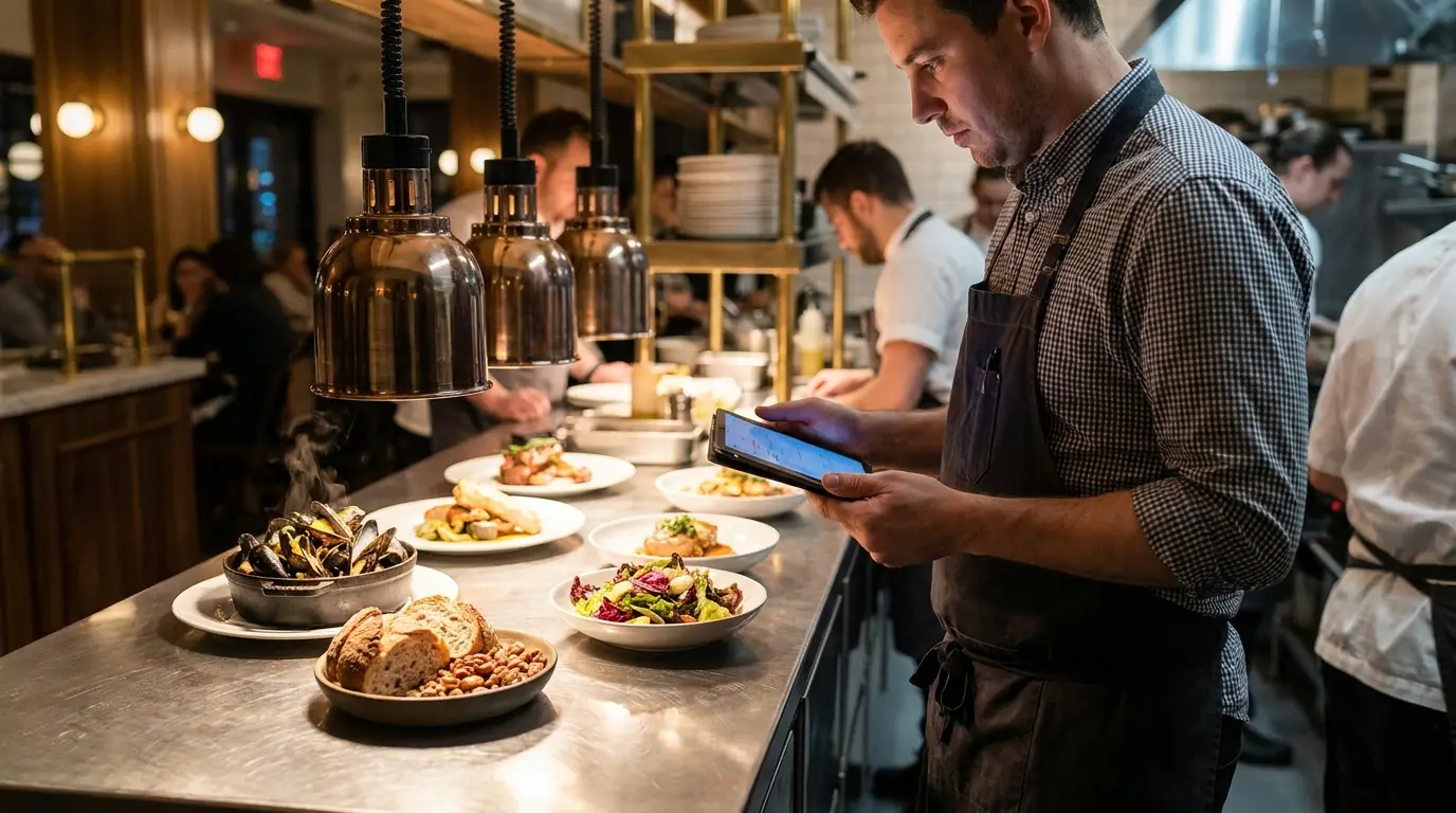 Chef d'un bistrot belge vérifiant les allergènes d'un plat sur une tablette numérique au passe de la cuisine