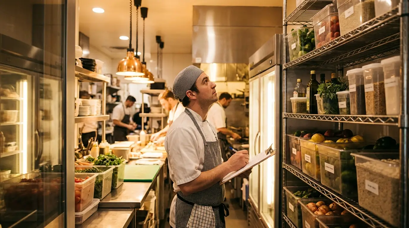 Étagères de stock en cuisine, chef vérifiant les niveaux