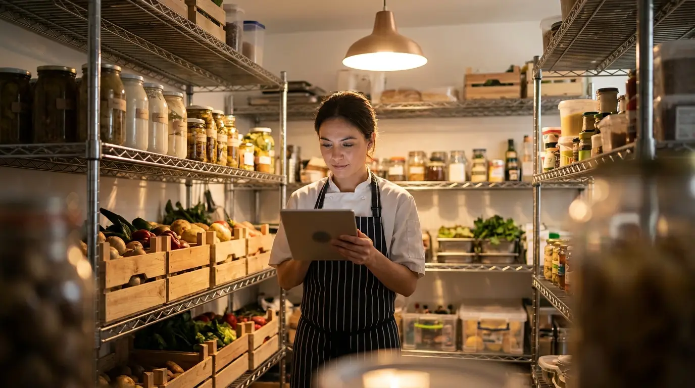 Chef gérant son inventaire sur tablette en cuisine
