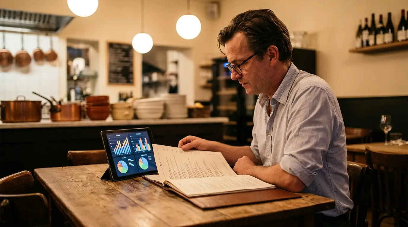 Restaurateur analysant sa carte et ses ventes sur une tablette dans un bistrot belge moderne