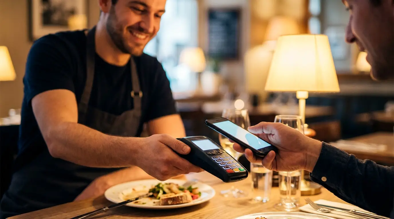 Serveur tendant un terminal de paiement mobile à table