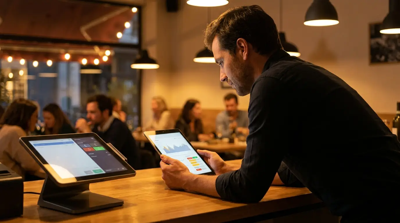 Gérant de restaurant belge consultant un tableau de bord de KPI sur une tablette