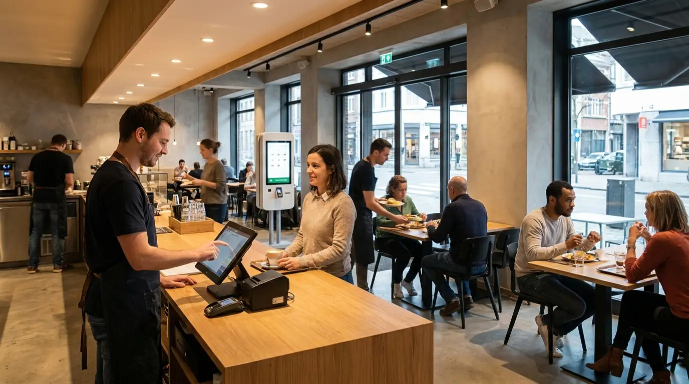 Service fluide dans un restaurant belge moderne, clients servis rapidement sans file d'attente