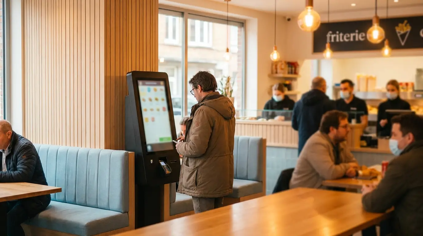 Borne SmartKiosk UrbanPOS dans un fast-food belge